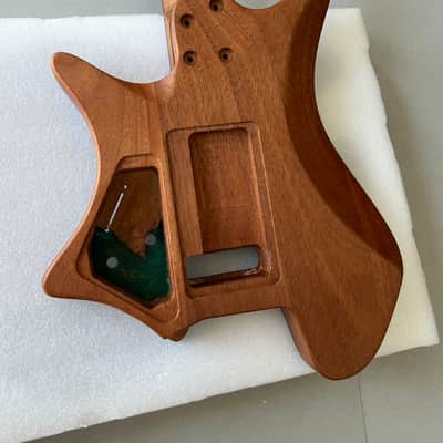 Vibrato system 24frets Handmade Custom Headless Guitar Body Neck Kit, Full Solid Mahogany Core, In-body Poured Marbled Blue Epoxy Resin & Burl Wood Grain, 5P Roasted Flamed Maple Neck with Truss Rod, Unfinished Build Your Own Electric Guitar "T contour" image 4