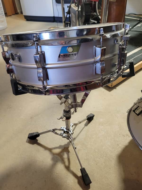 1976 4.5x14" 8-Lug Aluminum Snare Drum with Pointed Blue/Olive Badge 1976! image 1