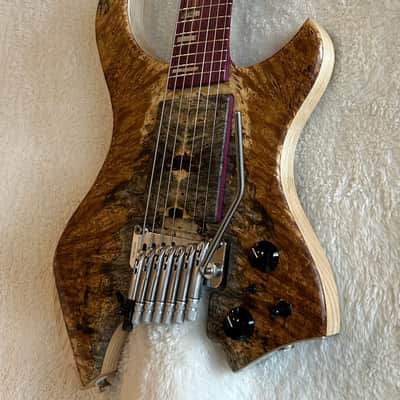 96 art Multiscale Headless 7 string Solidbody Guitar with Sophia Tremolo, Buckeye Burl, Ash, Purpleheart image 3