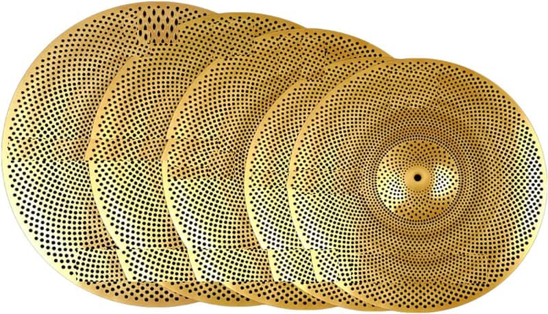 Low-volume cymbal set Gold and silver muffled cymbals 14-inch hi-hat + 16-inch crash + 18-inch crash + 20-inch ride Practice silent drum cymbal set (golden) image 1