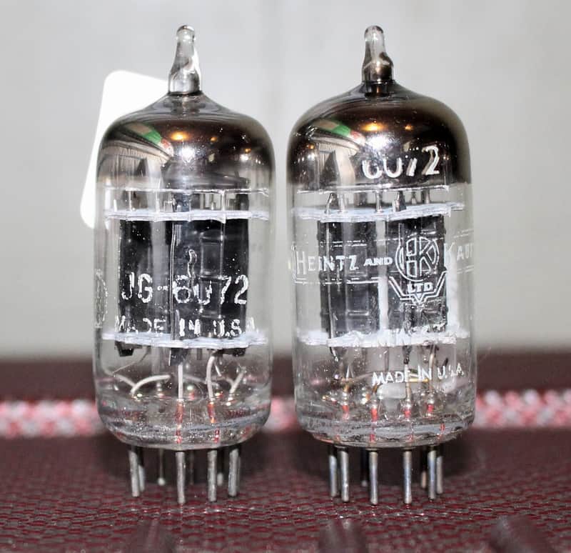 GE JG  (JAN) 6072 12AY7 TIGHT MATCH PAIR BLACK PLATE PLATE TRIPLE MICA S RODS D GETTER TEST NOS+ VINTAGE 1955 image 1