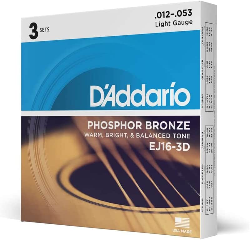 D'Addario EJ16 3-Pack Phosphor Bronze, Light 12-53 Acoustic Guitar Strings image 1