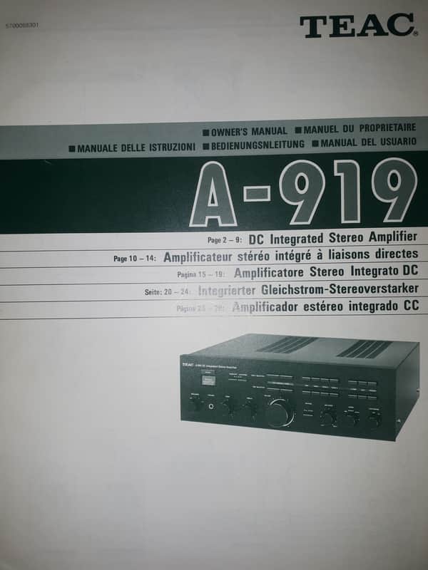 Owner's Manual for TEAC A-919 DC Integrated Stereo Amplifier 1984 image 1