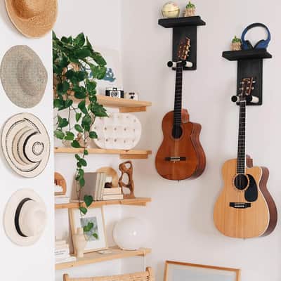 Guitar Wall Hanger,2 Pack Guitar Wall Mount Holder Guitar Hanger Shelf with Pick Holder Wood Guitar Rack for Acoustic or Electric Guitar,Ukulele,Bass,Mandolin Black image 3