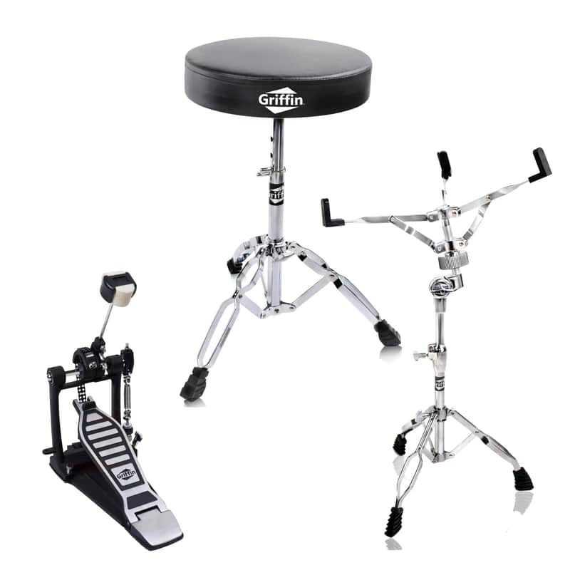 Single Kick Bass Pedal, Drum Throne & Snare Stand (3-Piece Set) by GRIFFIN | Double-Chain Foot Percussion Kit for Intense Play & Comfortable Drum Seat for Adults image 1