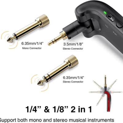 Wireless Guitar System 2.4GHz Rechargeable Audio Wireless Transmitter Receiver 6 Channels for Guitar Bass Electric Instruments, Stereo and Mono 1/4” & 1/8” 2 in 1 Plugs,Black image 2