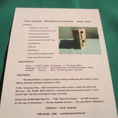 SALE: T.H.E. HILBE - Mo67 500 series preamp / 1960's Melcor 1729 opamp. New / open-Box / Api Killer! image 5