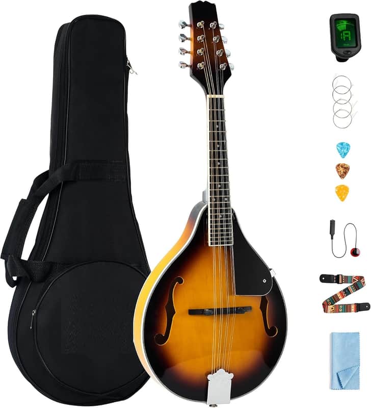 A Style Mandolin Instrument, 8 String Acoustic Mandolin for Beginners, Mahogany Wood Musical Instrument Kit with Gig Bag, Digital Tuner, Extra Strings, Picks, Sunburst image 1