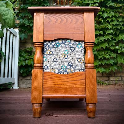 Rotary Connection 1x12 loaded semi open guitar speaker cab / side table! Vintage Rola 12” 8 ohm 25 watt speaker. Solid oak hardwood. Unique one off / one of a kind cab. Crazy 3D geometrical cloth. 2026 - Wood image 6