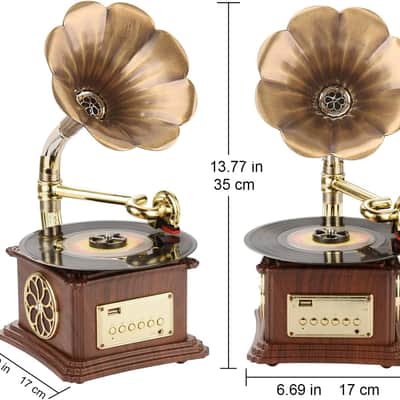 Vintage Wooden Record Player – Bluetooth, USB, AUX, FM Radio, Copper Horn Speakers (Walnut) image 4