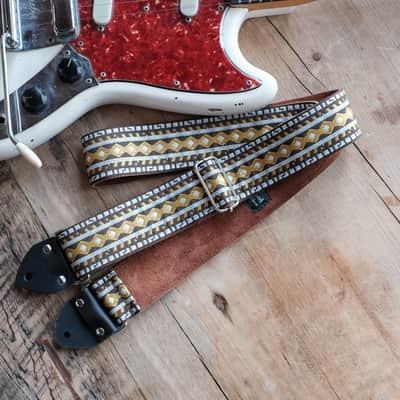 Vintage Black & Gold 60s/70s Hippie Guitar Strap / Real Suede Backing / Handmade in the UK image 1