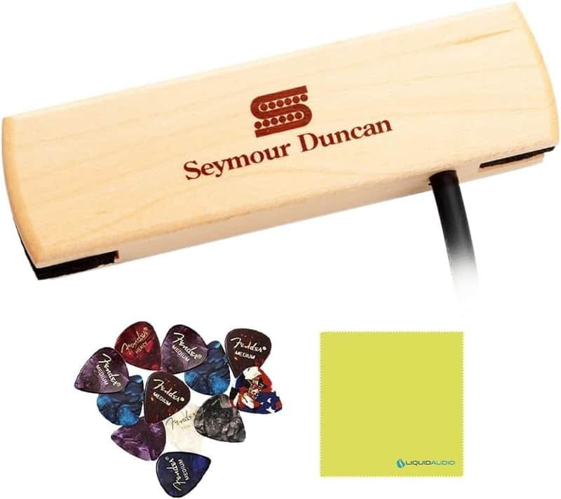 Mint Seymour Duncan Woody Single Coil Pickups, Sound Hole Pickup Acoustic Guitar, Maple Color Bundle with 12x Fender Guitar Picks and Liquid Audio Instrument Polishing Cloth - 11500-30 Model image 1