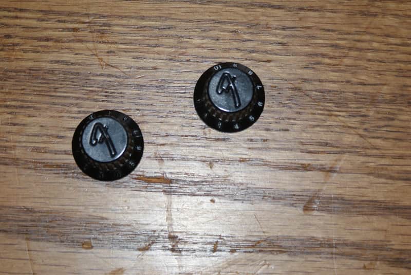 Fender Contemporary (2) Two Fender Logo Rubber Grip Vol/Tone knobs 1984-1987 Black image 1