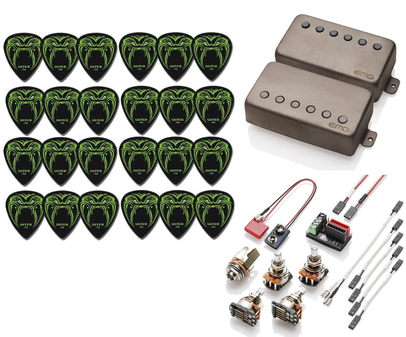 EMG F JH SET JAMES HETFIELD SANDBLASTED SET 52mm FLOYD ROSE SPACED SHORT SHAFT POTS & WIRING ( 24 BLACK FANG PICKS ) image 1