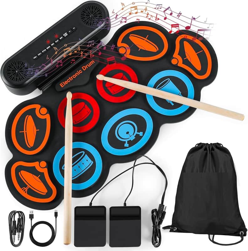 Electric Drum Set 9-Pad, Portable Roll-up Drum Pad USB MIDI, Built-in Speaker, Drum Sticks, Drum Set Foot Pedals Great Holiday Christmas Birthday Gift for Kids Adults image 1