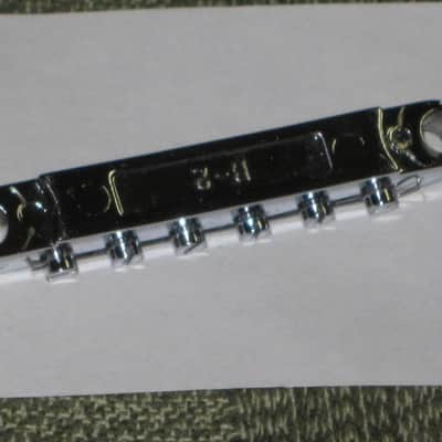 lightly used Epiphone B-2 metric ABR-1 vintage style bridge, wired,  CHROME, large posts mounting pieces (NO anchors) 1990s/2000s (for some import guitars that use this style bridge) will NOT fit on Gibson - mounting holes are too big image 23