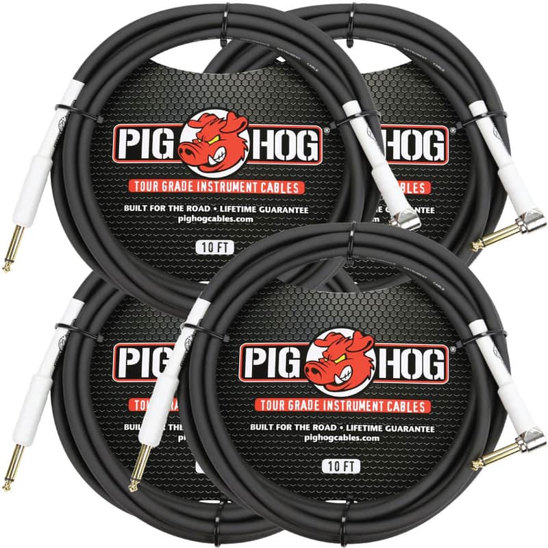 4 Pack Pig Hog PH10R Tour Grade 1/4" TS Straight to Right Angle Instrument Cable - 10' image 1