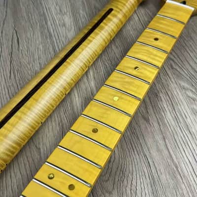 Vintage Yellow Guitar Tele Style Tiger Maple Wood Neck, 22 Frets Fingerboard image 2