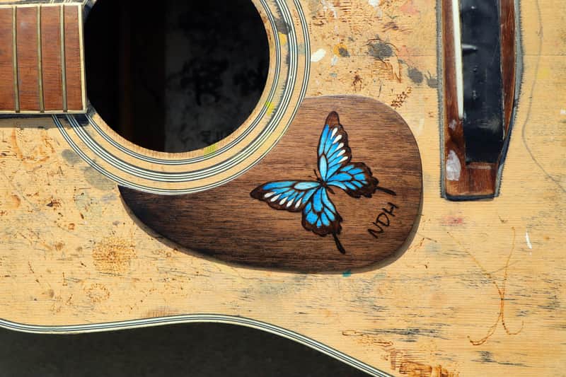 Burny Black left handed guitar pickguard - butterfly blue/walnut made to order - Urethane image 1