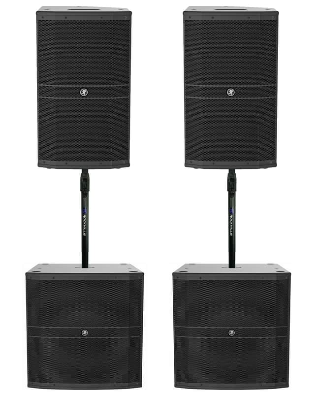 2) Mackie DRM212-P 1600w 12" DJ PA Speakers+2) 18" Passive Subs+Air Assist Mount image 1
