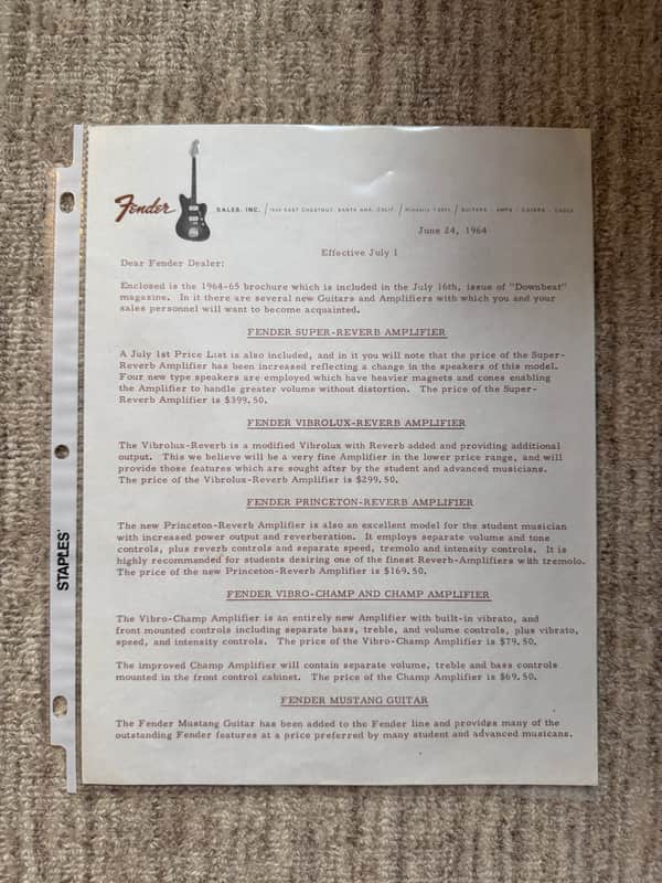 1964 Fender Dealer Letter Mustang Guitar Champ Reverb Princeton Amps image 1