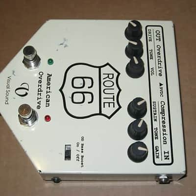used Visual Sound Route 66 Overdrive & Compression 1st ver of orig model RT66 (late 1990s) only works with adapter (NOT included), has battery clip - but can't power a battery clip (don't know why) + new feet & strings image 16