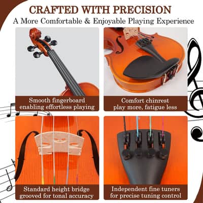 Violin 4/4 Full Size Kit for Beginners, Glossy Violin Fiddle Set for Adults, Students with Violin Case, Bow, Rosin, Fingerboard Sticker, Shoulder Rest, Extra Strings and Bridge(Plywood, Full) image 3