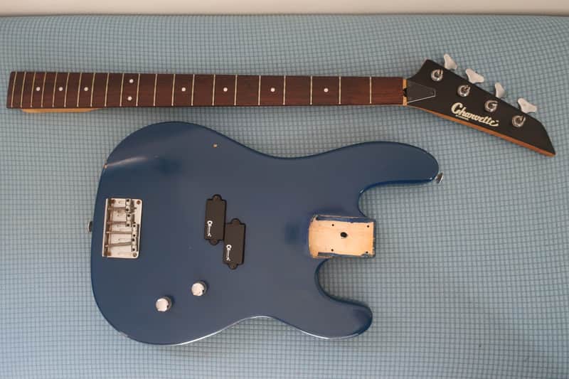 Vintage Bass Guitar Project Cracked Neck Charvette by Charvelle Jackson P Bass Purple Low Serial Number #137 Lots of High Quality Parts Nut Tuners Bridge Pick Ups Loaded Working Body Frets Electronics Neck Plate Hair Heavy Metal image 1
