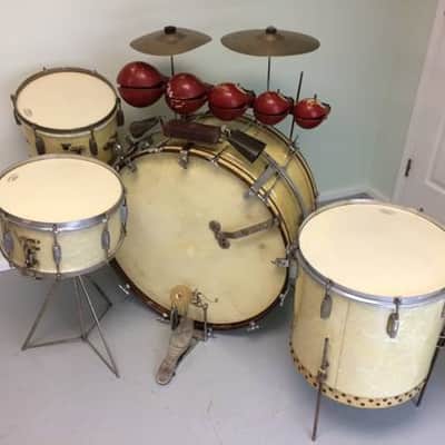 Ludwig & Ludwig Drum Set circa 1940 White Marine Pearl w/ Zildjian Zilco Cymbals image 1