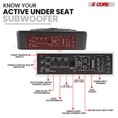 5Core 10 inch Slim Under Seat Car Audio Subwoofer 800W Built in Amplifier Sub Woofer LED Light image 4