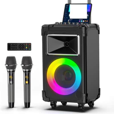 Karaoke Machine with 2 Wireless Mics, 10" Woofer 500W Peak Power Big Portable Bluetooth Speaker with Bass/Treble Adjustment, PA System with Remote Control, LED Lights, Rolling Wheels and Trolley image 1