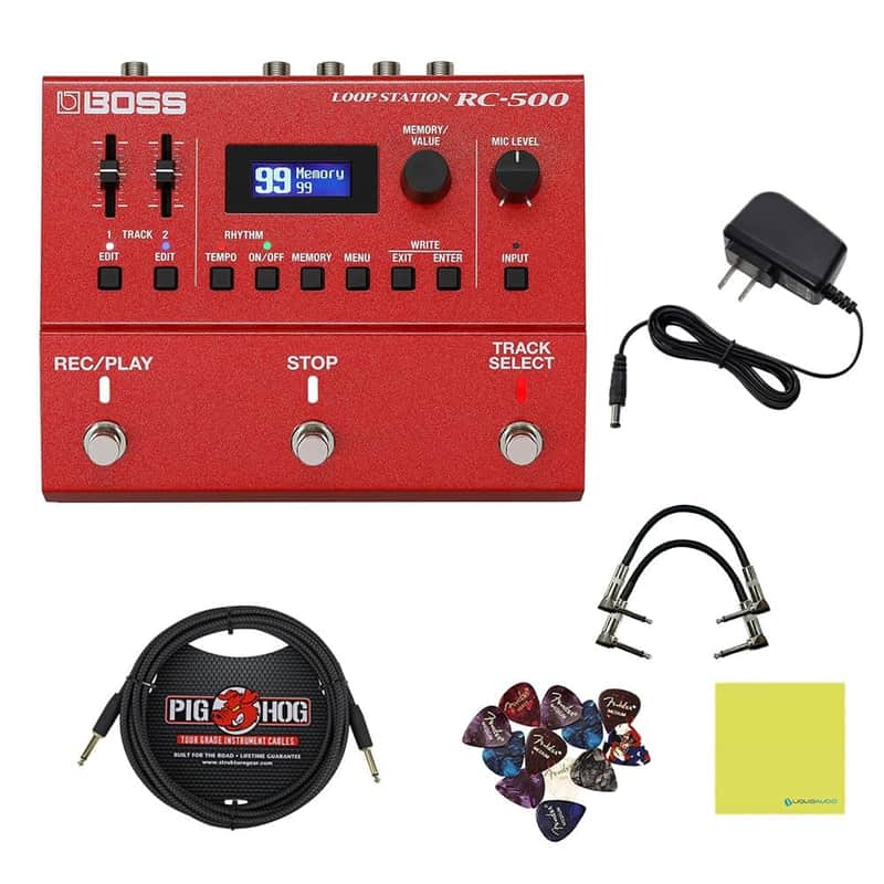 Boss RC-500 Loop Station Bundle w/ 2-Pack S6P48 Woven Right Angle Patch Cable, Pig Hog "Black Woven" Instrument Cable, 12-Pack Guitar Pick, 9V Power Adapter & Liquid Audio Polishing Cloth image 1