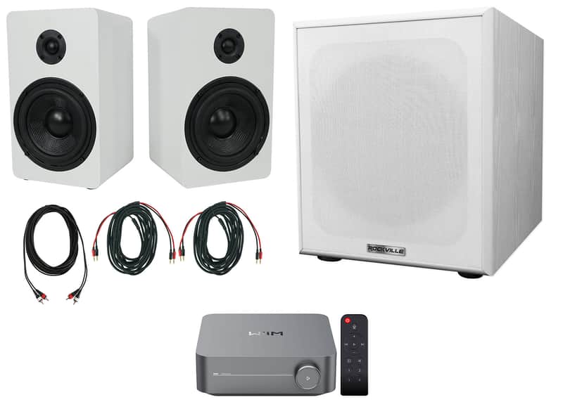 2) Rockville RockShelf 58W 5.25" White Bookshelf Speakers+Wifi Amp Receiver+Sub image 1
