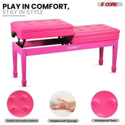 5 Core Duet Piano Bench 3.5 Inch Padded Cushioned Stool Wooden Heavy Duty Musician Chair Height Adjustable Double Keyboard Seat w Storage Nonslip Cherry - PNB DT CHERRY-Cherry image 7