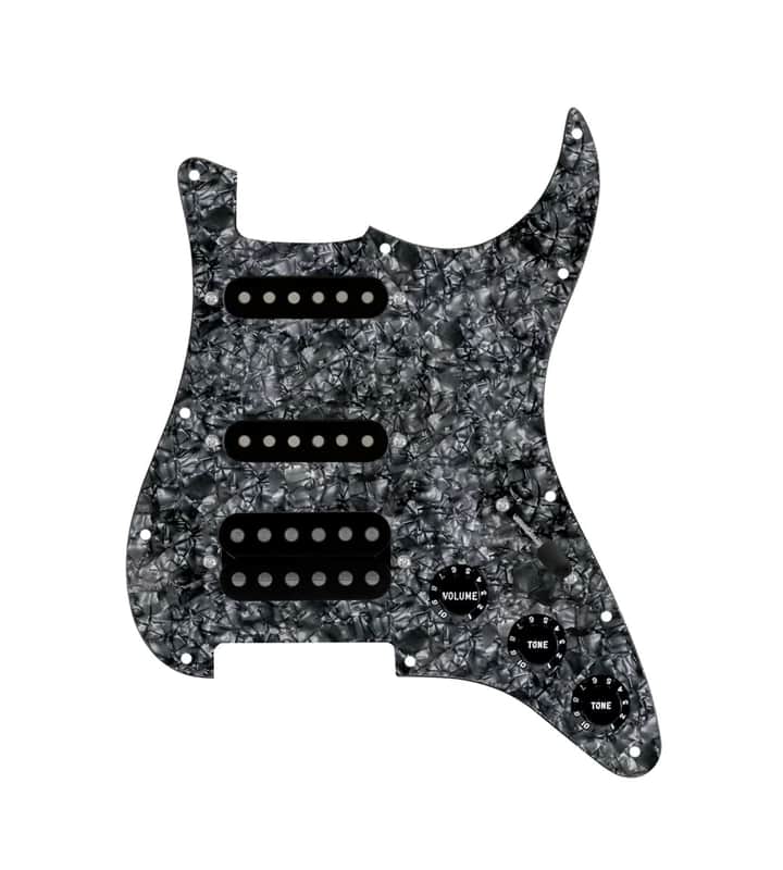 920D Custom HSS Loaded Pickguard For Strat With An Uncovered Smoothie Humbucker, Black Texas Vintage Pickups, Black Knobs, and Black Pearl Pickguard image 1