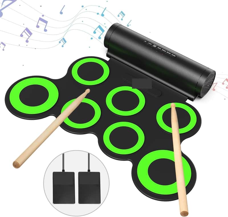 Electronic Drum Set, Roll Up Drum Practice Pad Midi Drum Kit with Headphone Jack Built-in Speaker Pedals Sticks 10 Hours (Green, 9 Pads) image 1