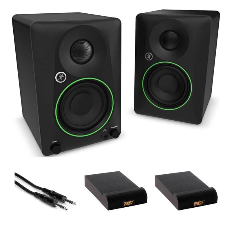 Mackie CR3.5 Creative Reference Powered 3.5" Studio Monitors Pair Black Bundle with Hosa Stereo 1/4" Male Phone to 1/4" Male Phone TRS Cable 10, Auray IP-S Isolation Pad for Studio Monitor (2-Pack) image 1