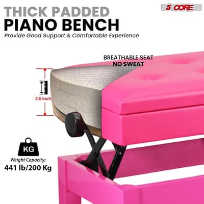 5 Core Duet Piano Bench 3.5 Inch Padded Cushioned Stool Wooden Heavy Duty Musician Chair Height Adjustable Double Keyboard Seat w Storage Nonslip Cherry - PNB DT CHERRY-Cherry image 2