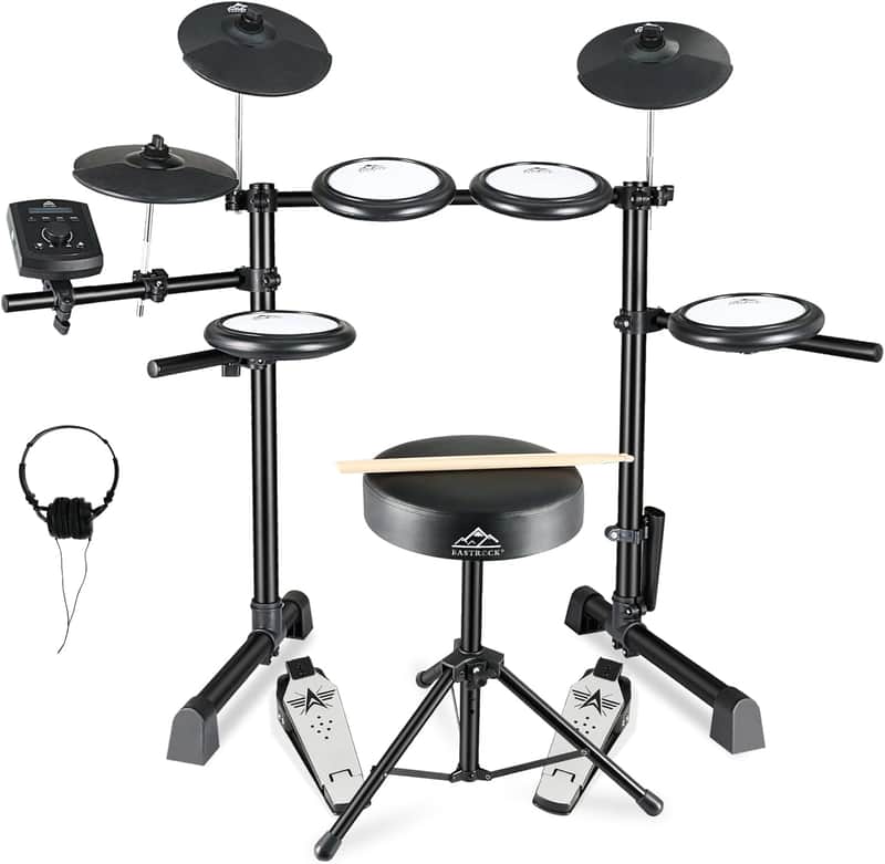 Electric Drum Set with Quiet Mesh Drum Pads, Electronic Drum Set for Beginner 2 Leg with Cymbals, Pedal, Upgraded Drum Module, 144 Sounds, Bluetooth, USB MIDI, Headphone, Drum Stool, Sticks image 1