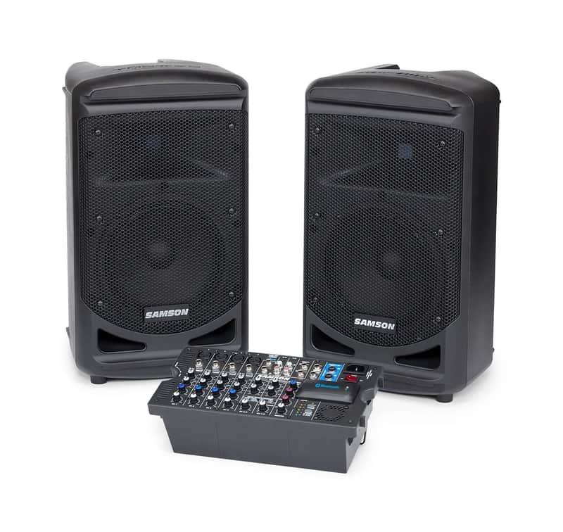 Samson Expedition XP800 Portable PA System. Stereo 8" 2-way Monitors with removable 8-channel powered mixer (2 x 400 watts) with Bluetooth image 1