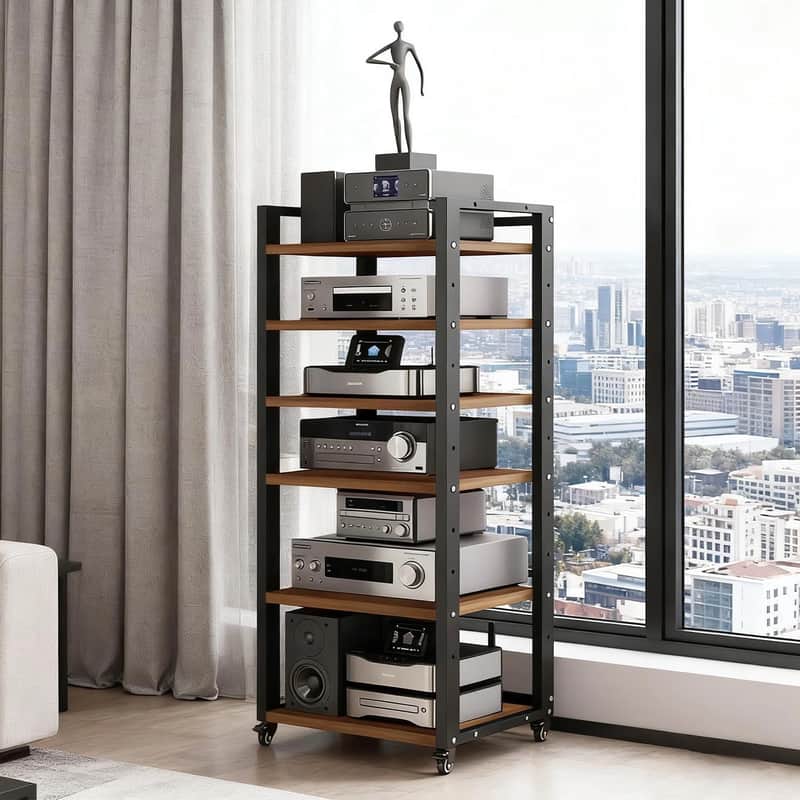Rolling AV Media Rack with Wheels  6-Tier Adjustable Audio-Video Stand for Turntables, Stereo Gear & Home Media image 1