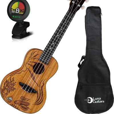 Luna Coral Uke Solid Mahogany Concert Ukulele w/ Etched Fish, Gig Bag, and Tuner image 3
