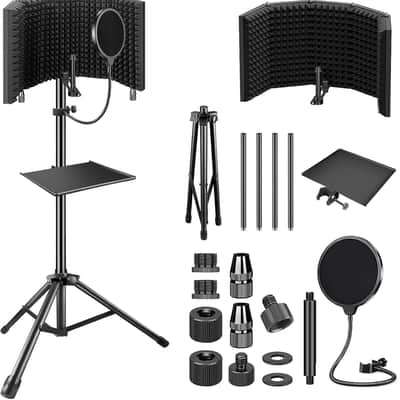 Studio Recording Microphone Isolation Shield with Pop Filter & Tripod Stand, High Density Absorbent Foam to Filter Vocal, Foldable Sound Shield image 1