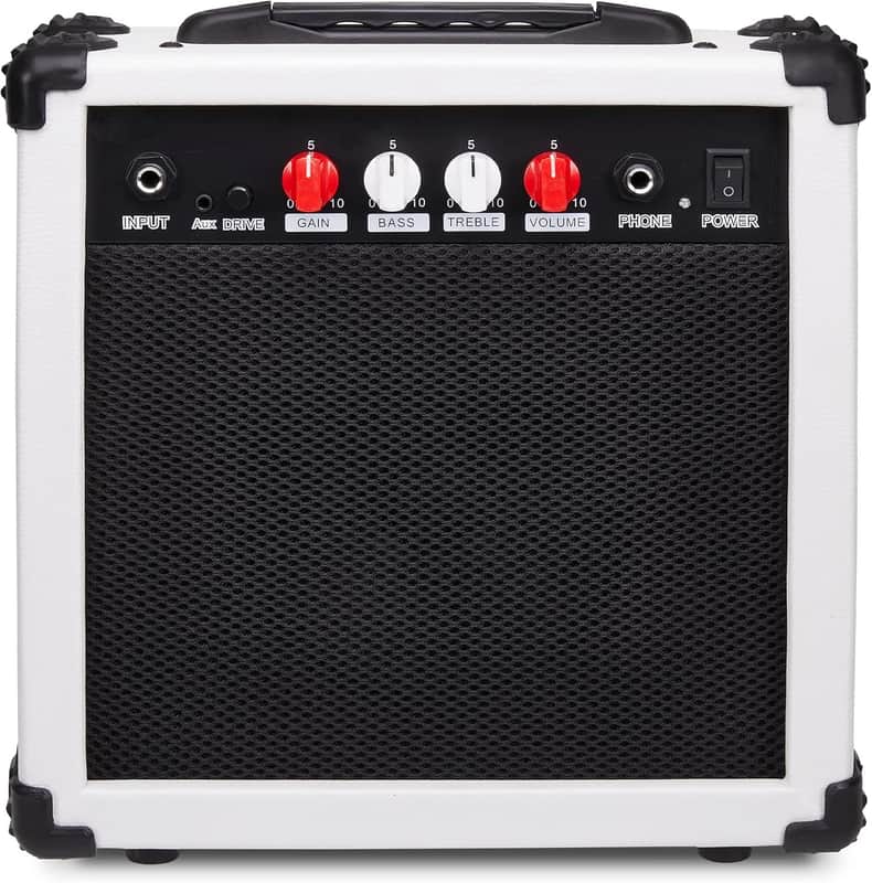 Electric Guitar Amp 20 Watt Amplifier Built in Speaker Headphone Jack and Aux Input Includes Gain Bass Treble Volume and Grind - White image 1