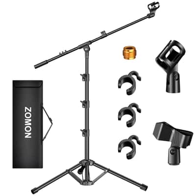 Microphone Stand, Tripod Boom Arm Floor Mic Stand Height Adjustable Heavy Duty With Carrying Bag 2 Mic Clips 3/8" To 5/8" Adapter For Singing Podcast For Blue Yeti Shure Sm58 Sm48 Samson Q2U