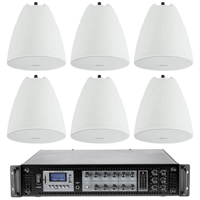 (6) Rockville PEN-65T White 6.5" 70V Commercial Hanging Pendant Speakers+Amp image 1