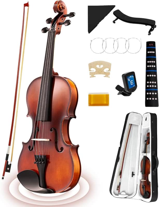 Violin Fiddle Full Set: 4/4 Matt Violin Kit for Beginners, Acoustic Violin with Hard Case, Solidwood Hand Made Starter Kit with Bow, Rosin, Shoulder Rest, Tuner, Extra Strings image 1