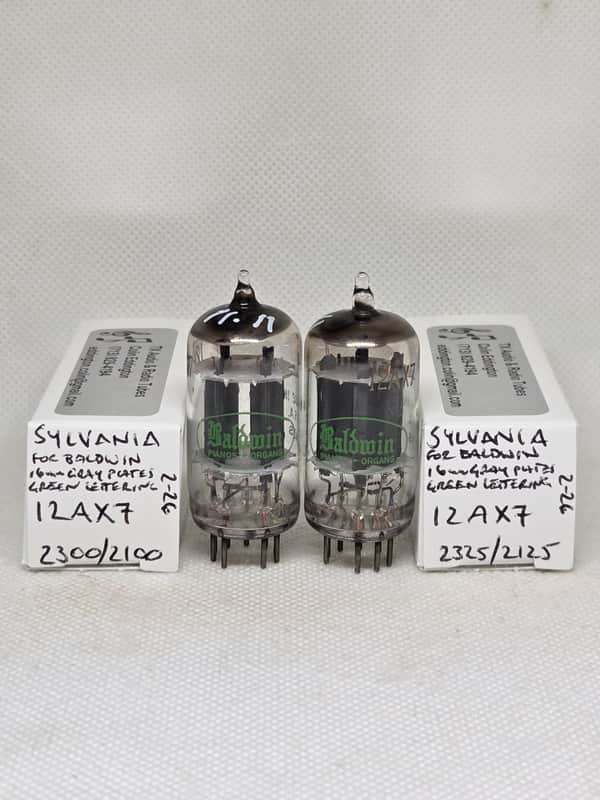 Sylvania Made For Baldwin 12AX7 Gray Plate Matched (9.6%) Pair NOS ECC83 12AX7A image 1