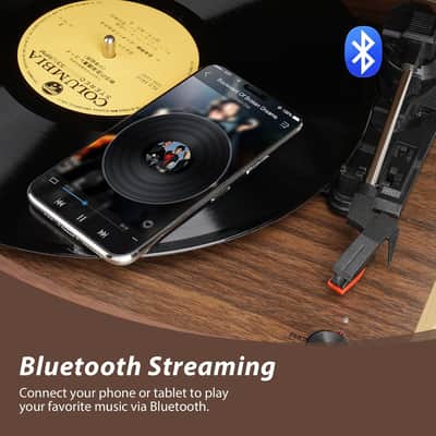 Espresso Turntable with Removable Stand – 3-Speed Vintage Record Player with Bluetooth, USB Recording & Built-In Speakers image 3