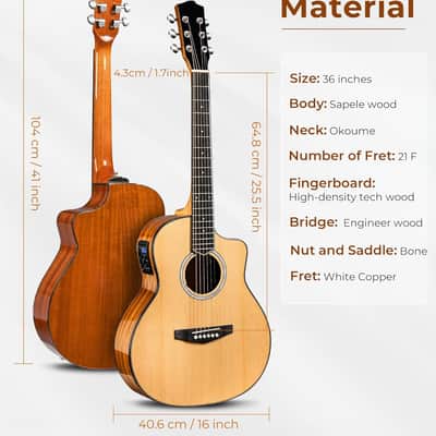 Electric Acoustic Guitar 3/4 Size - 36 Inch Acoustic Electric Guitar Cutaway Acustica Guitarra Bundle for Beginners and Students, Spruce Top, Guitarra Electro Acustica image 2
